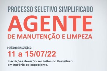 PREFEITURA ABRE PROCESSO SELETIVO PARA CONTRATAÇÃO DE AGENTE DE MANUTENÇÃO E LIMPEZA