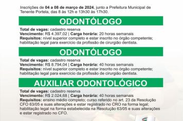 TENENTE PORTELA: PREFEITURA PROMOVE PROCESSO SELETIVO PARA A CONTRATAÇÃO DE ODONTÓLOGO E DE AUXILIAR DE CONSULTÓRIO ODONTOLÓGICO