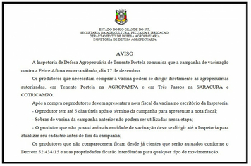 AVISO: Vacinação contra a Febre Aftosa! 