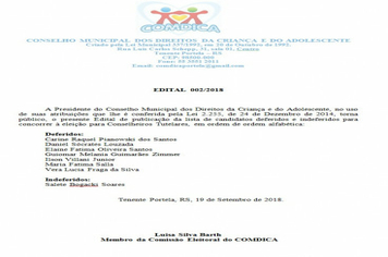 DIVULGADO EDITAL DE CANDIDATOS DEFERIDOS E INDEFERIDOS NO PROCESSO ELEITORAL CONSELHO TUTELAR 2018