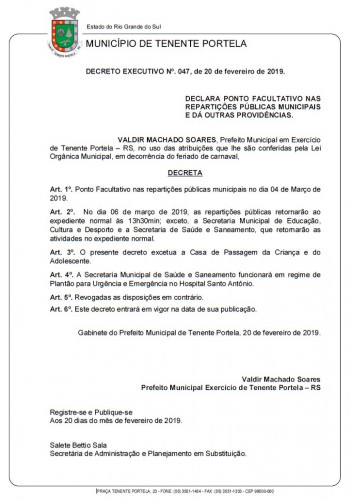 Ponto facultativo no dia 04 de março