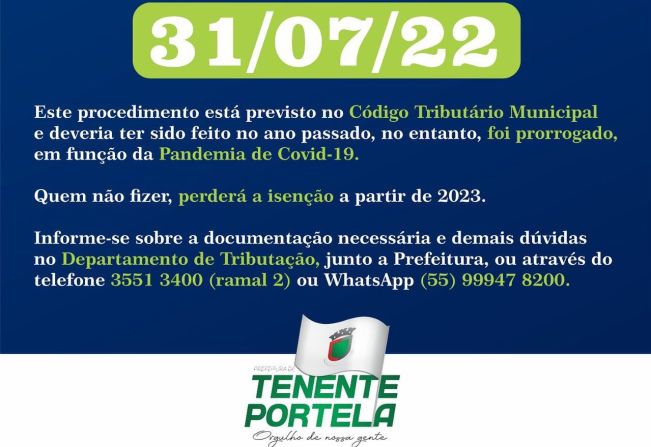 CONTRIBUINTES ISENTOS DE IPTU E TAXA DE COLETA DE LIXO DEVERÃO RENOVAR SOLICITAÇÃO DO BENEFÍCIO