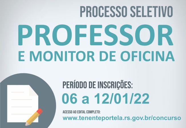 TENENTE PORTELA:  INSCRIÇÕES DO PROCESSO SELETIVO PARA CONTRATAÇÃO DE PROFESSORES E MONITORES DE OFICINA INICIA AMANHÃ