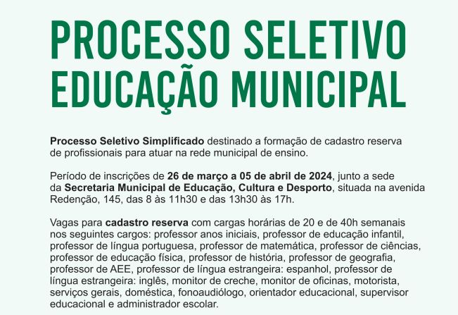 TENENTE PORTELA ABRE INSCRIÇÃO PARA  CONTRATAÇÃO DE PROFISSIONAIS PARA ATUAREM NA REDE MUNICIPAL  DE ENSINO