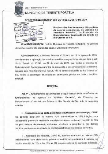 Decreto Municipal nº 302  Determina medidas de prevenção ao COVID-19 e dispõe sobre a bandeira vermelha