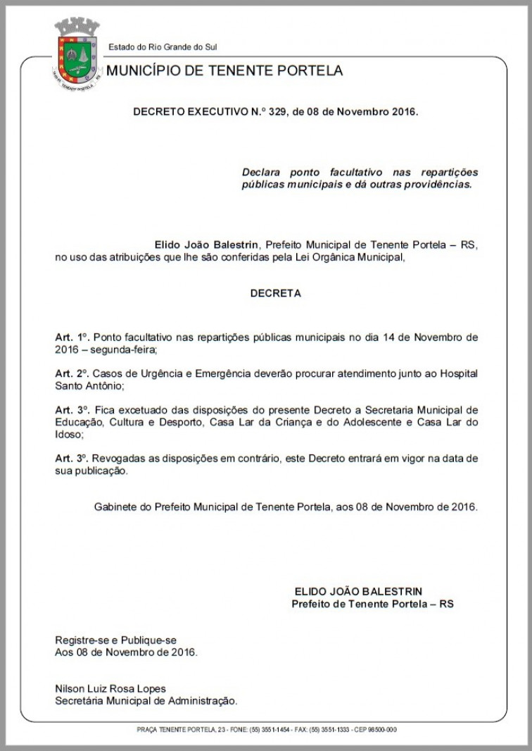 Prefeito decreta ponto facultativo no dia 14 de novembro