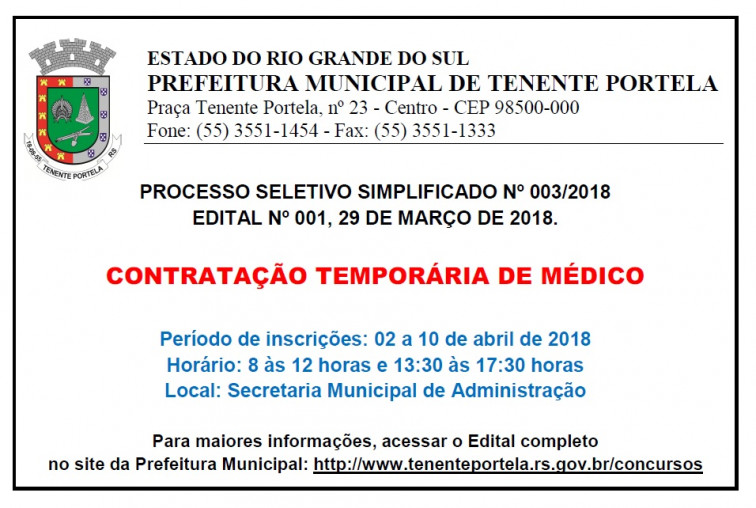 Prefeito Municipal torna público a abertura de Processo Seletivo Simplificado