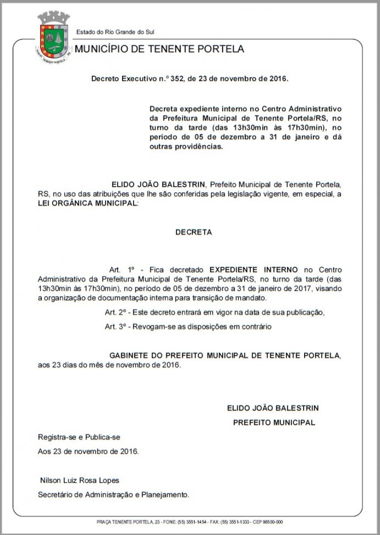 Prefeito decreta expediente interno no Centro Administrativo 