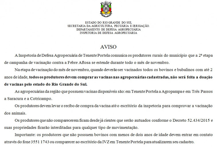 Aviso sobre Febre Aftosa