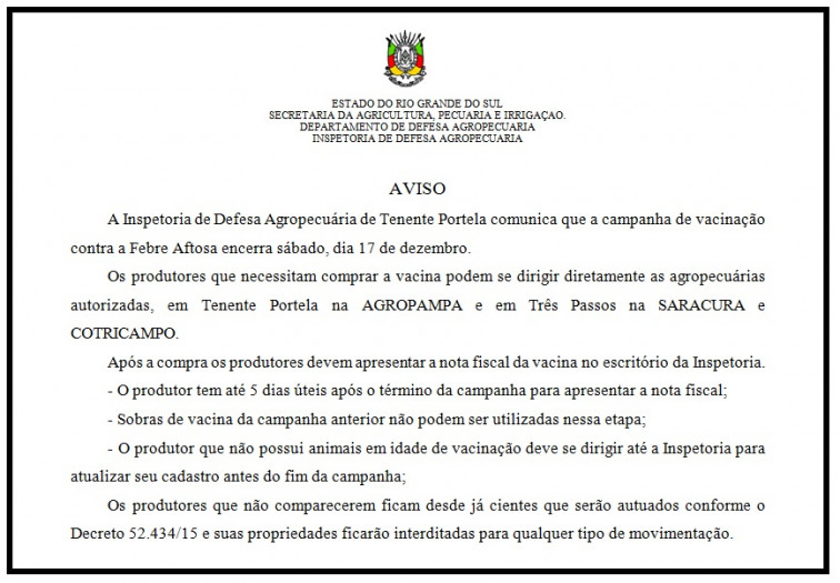 AVISO: Vacinação contra a Febre Aftosa! 