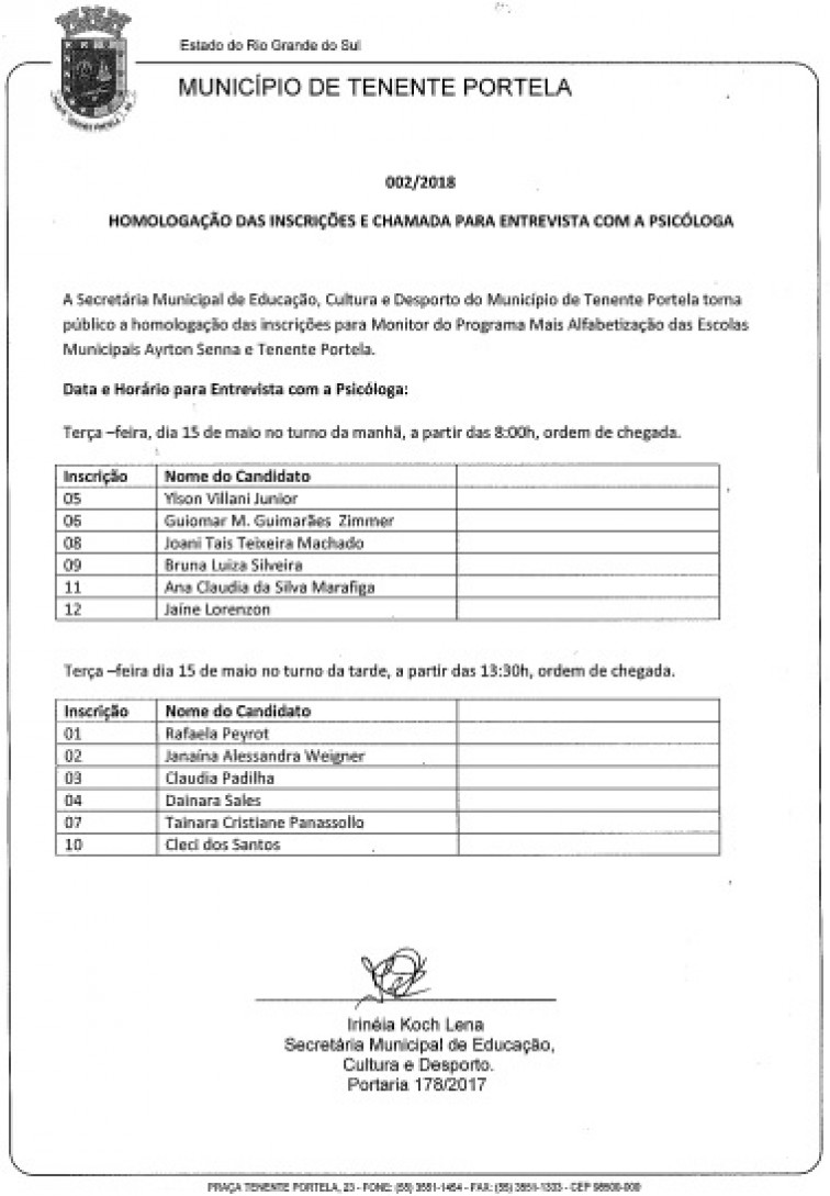 Homologação das Inscrições para Monitores Programa Mais Alfabetização e Chamada para entrevista com a Psicóloga 