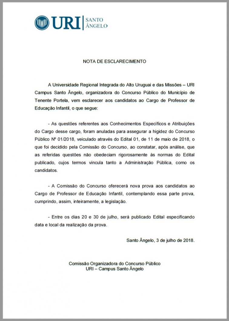 URI DIVULGA NOTA DE ESCLARECIMENTO