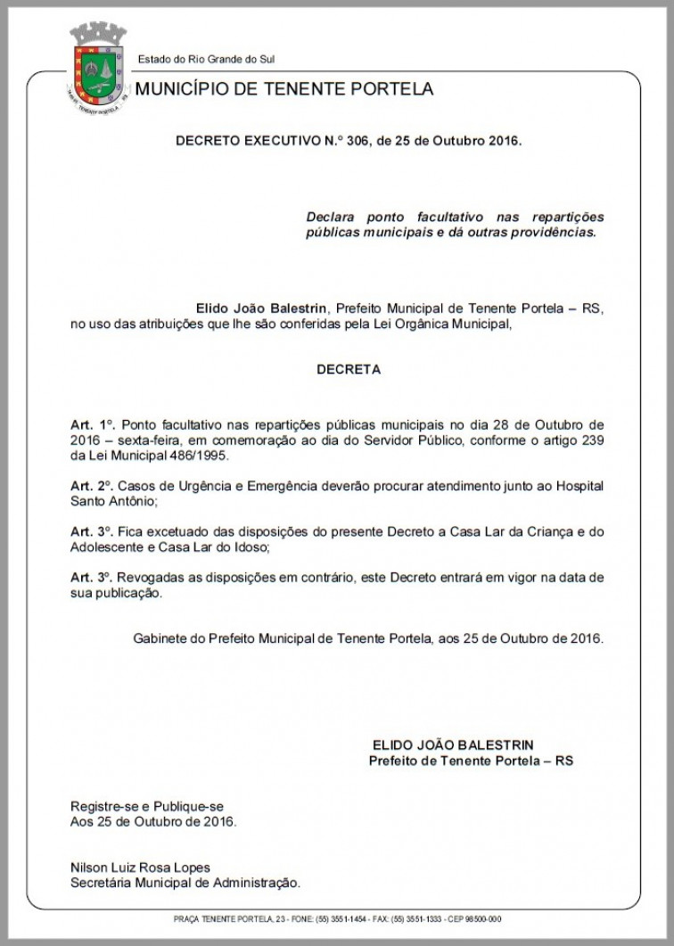 Prefeito decreta ponto facultativo no dia 28 de outubro