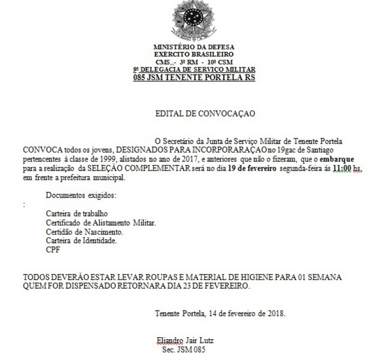 Junta de Serviço Militar de Tenente Portela divulga edital de convocação