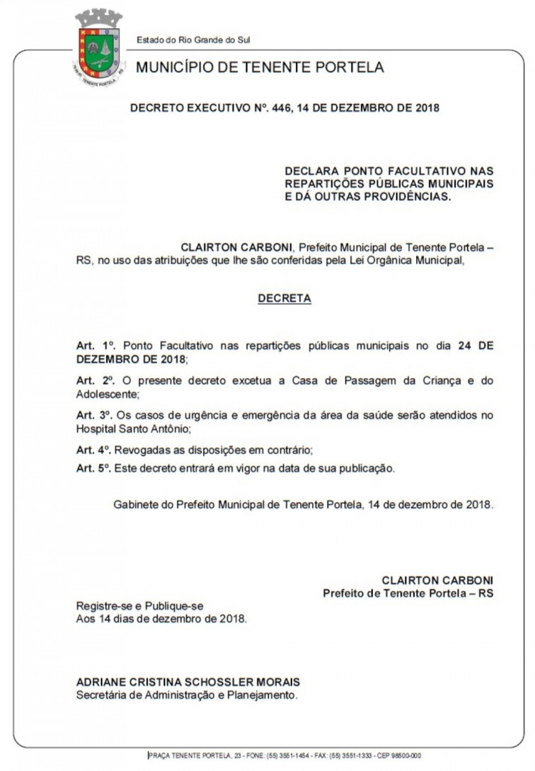 Ponto Facultativo dia 24/12/2018.